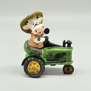 Resin Hand Painted Farm Figure Girl Cow Riding a John Deere Tractor 4.25"